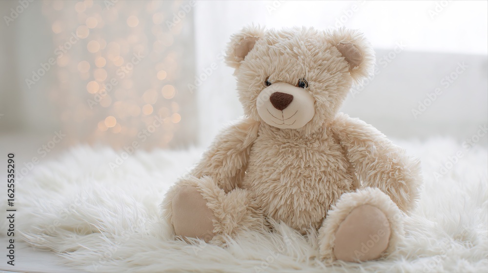 Plush teddy bear toy cream faux fur detailed seams sitting white fur rug kids nursery background gentle bokeh premium stock image isolated feel
