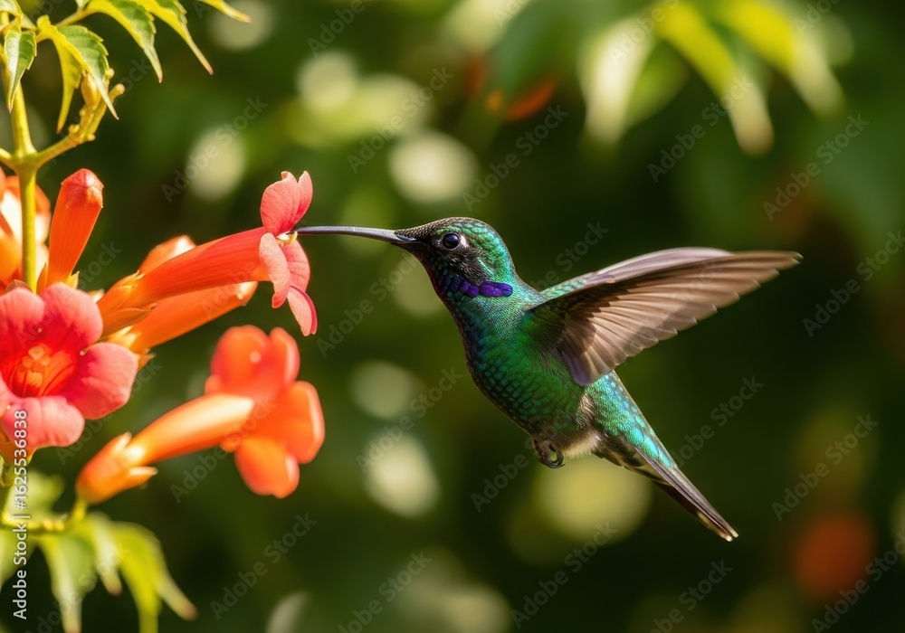 Naklejka premium A vibrant green hummingbird feeding on an orange trumpet flower