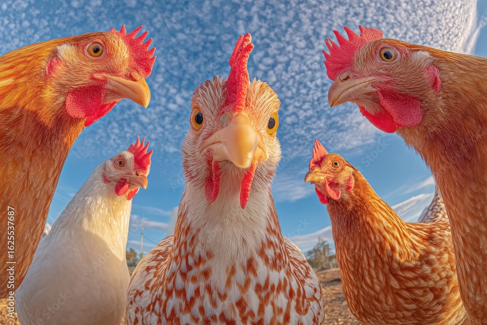 Fototapeta premium Close-up view of four curious chickens.