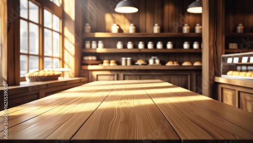 Wooden table top in a bakery setting, bathed in sunlight.