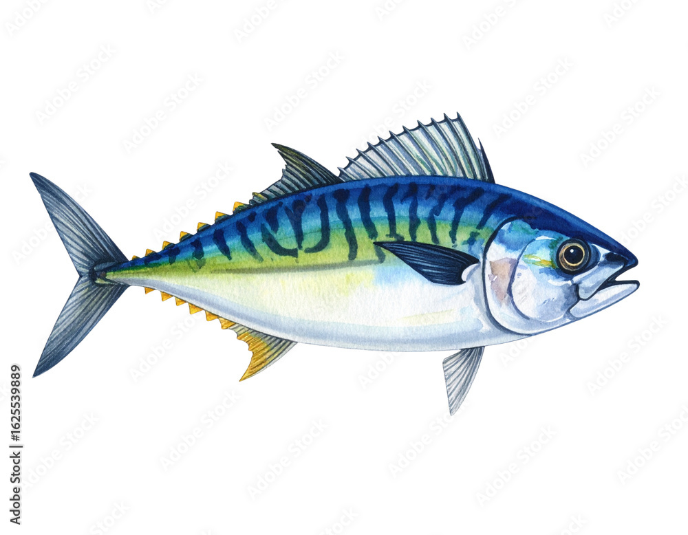 Fototapeta premium Hand-Drawn Style Striped Fish with Watercolor Shading and Bold Markings, Food Illustration, Isolated