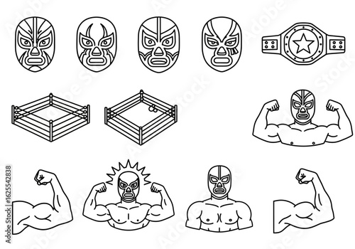 A collection of wrestling themed outline icons including luchador masks, a championship belt, a wrestling ring, and muscular arms.