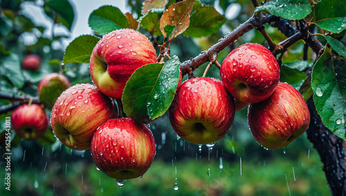 Rain falling on red apples growing in orchard on tree branches