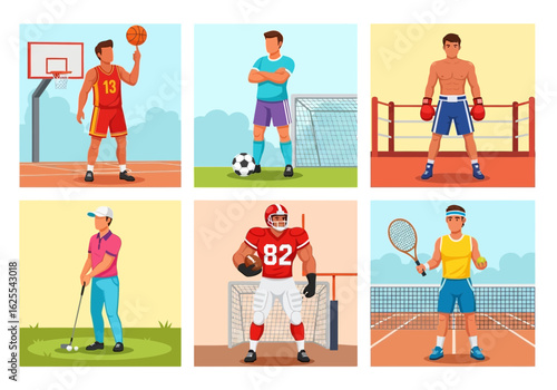 Collage of six different athletes in various sports: basketball, soccer, boxing, golf, football, and tennis.