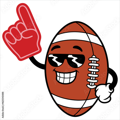 Cartoon American football ball smiling with sunglasses and foam finger. Perfect for sports humor, fan art, and team spirit themed graphics