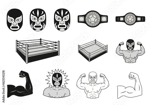 A collection of wrestling icons including luchador masks, championship belts, a wrestling ring, and muscular wrestlers in black, white, and gray.