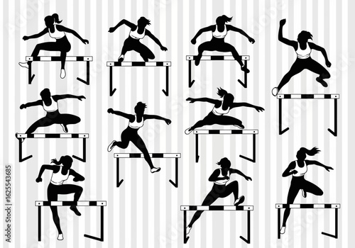 Silhouette illustrations of female athletes jumping over hurdles in various poses, showcasing athleticism and competition.
