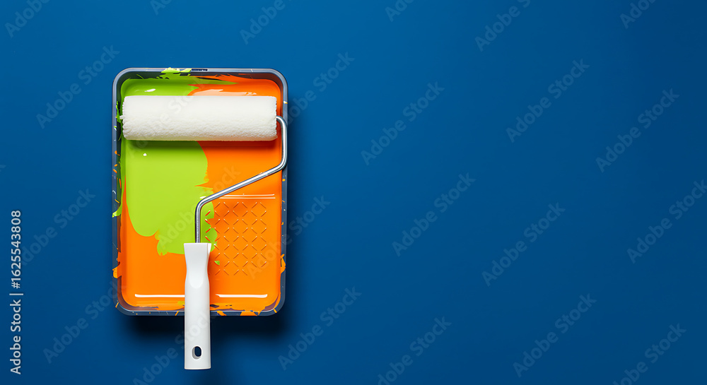 Paint roller in tray with vibrant orange and green paint on a blue background, perfect for home renovation and DIY projects Paint roller in tray with vibrant orange and green paint on a blue background, perfect for home renovation and DIY projects