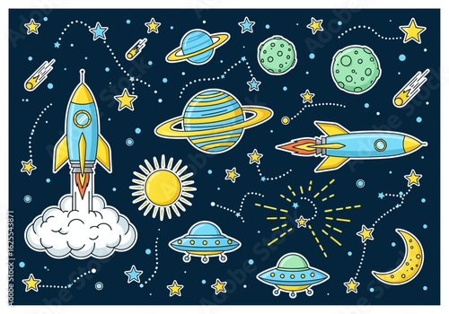 Colorful cartoon illustration featuring rockets, planets, stars, UFOs, sun, moon, and constellations against a dark blue space background.