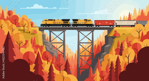 Vector Illustrations. Yellow Freight Train Crosses a High Trestle Bridge in a Fiery Autumn Canyon. AI EPS Editable