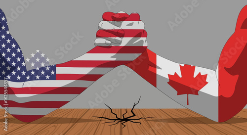 Vector Illustrations. Clash of Titans USA and Canada Arm Wrestle Cracking the Table Under Pressure. AI EPS Editable