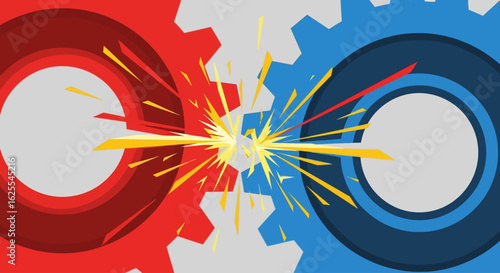 Vector Illustrations. Dynamic Conflict Red and Blue Gears Collide with Fiery Sparks. AI EPS Editable