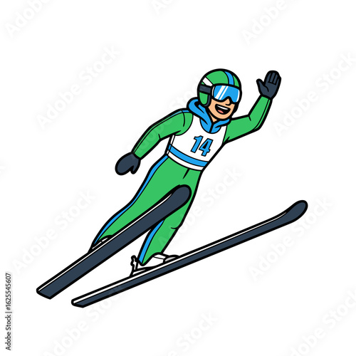 Cartoon Illustration Of A Ski Jumper In Flight