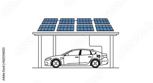 Vector Illustrations. Minimalist Line Art of an Electric Car Charging at a Solar Panel Carport. AI EPS Editable