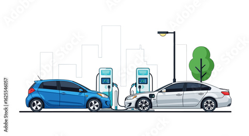 Vector Illustrations. Modern Electric Cars a Blue Hatchback and White Sedan Charging in a Minimalist Cityscape. AI EPS Editable
