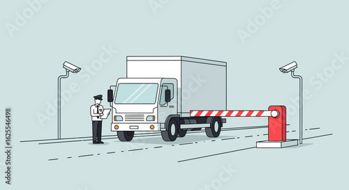 Vector Illustrations. Secure Logistics Guard Inspects Truck at a Barrier Under CCTV. AI EPS Editable