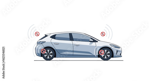 Vector Illustrations. Sleek Modern Car with Disabled Keyless Entry and Wheel Sensor Icons. AI EPS Editable