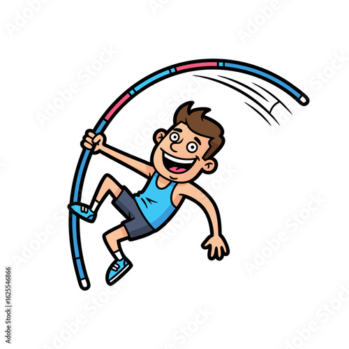 Excited Cartoon Athlete Pole Vaulting, Blue and Pink Illustration
