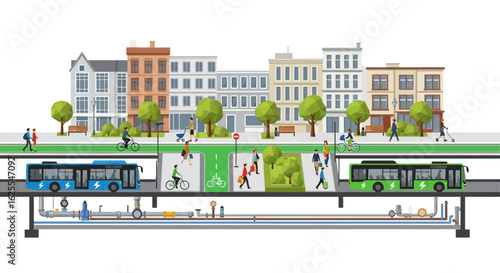 Vector Illustrations. Sustainable Urban Life CrossSection of a Smart City with Electric Buses and Underground Utilities. AI EPS Editable