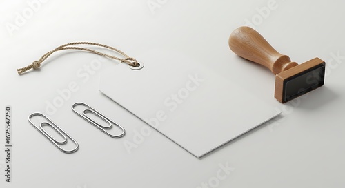 Blank White Tag with Paperclips and Stamp on White Background