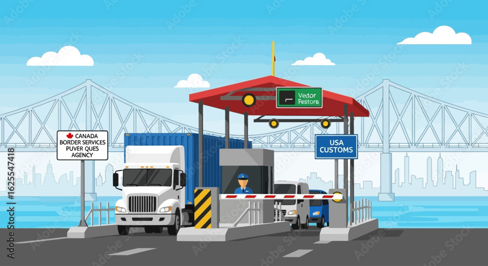 Fototapeta premium Vector Illustrations. Trucks at USACanada Border Crossing Checkpoint with Bridge and Cityscape. AI EPS Editable