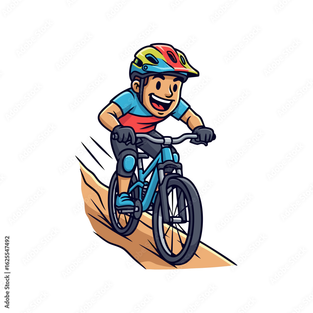 Fototapeta premium Fun Cartoon Cyclist on a Downhill Mountain Bike Ride