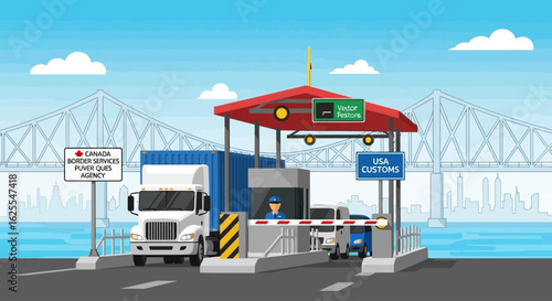 Vector Illustrations. Trucks at USACanada Border Crossing Checkpoint with Bridge and Cityscape. AI EPS Editable