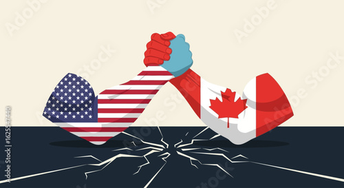 Vector Illustrations. USA and Canada in an Epic Arm Wrestling Match Shattering the Ground Below. AI EPS Editable