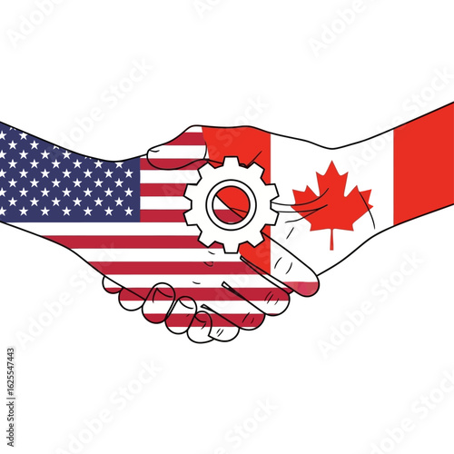 Vector Illustrations. USCanada Industrial Collaboration Flag Handshake with Gear Symbol. AI EPS Editable