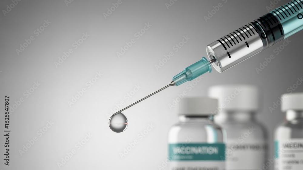 Medical syringe needle holding droplet, vaccination close-up Medical syringe needle holding droplet, vaccination close-up
