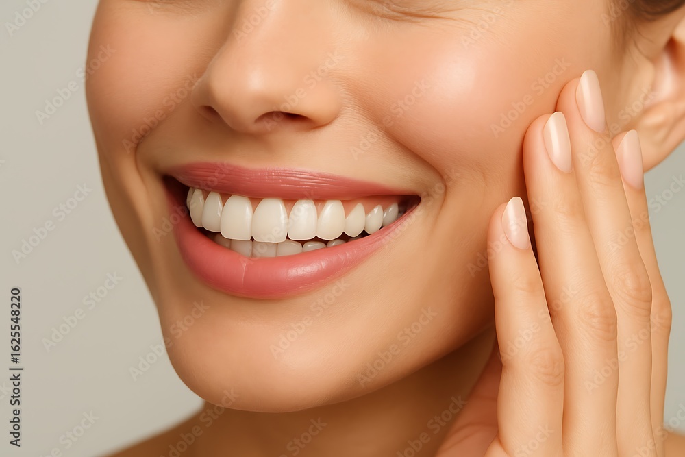 Obraz premium Radiant smile of a woman with perfectly white teeth, hand gently touching her face, Dental care Background