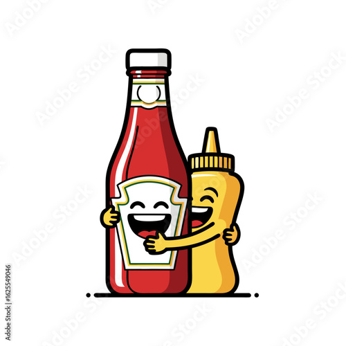 Happy Condiment Bottles Hugging In Cartoon Illustration