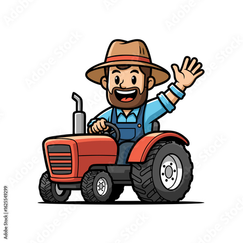 Happy Farmhand Driving a Red Tractor
