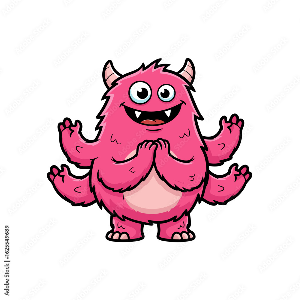 Fototapeta premium Happy Pink Fluffy Creature with Multiple Limbs and Antlers