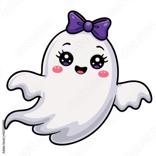 Cute Halloween ghost girl with bow in kawaii style. Flying cartoon baby ghost isolated on white background, great for Halloween night party visuals