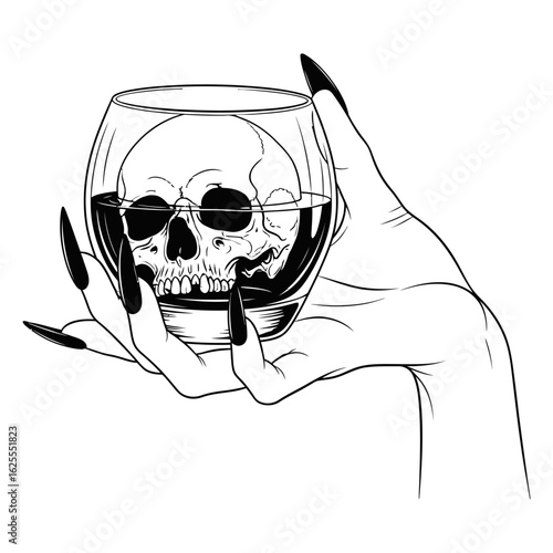 Hand Holding Skull Glass Alcohol Drink Black vector illustration with transparent background. Great for print, tattoo flash	
