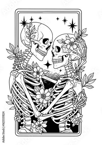 Skull Lovers Tarot Card Black vector illustration with transparent background. Great for print, tattoo flash	
