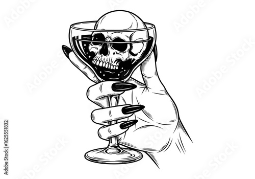 Hand Holding Skull Glass Alcohol Drink Black vector illustration with transparent background. Great for print, tattoo flash	
