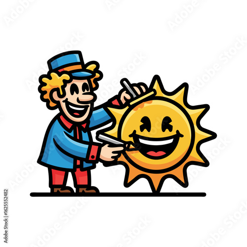 Smiling Cartoon Artist Drawing A Happy Sun Illustration