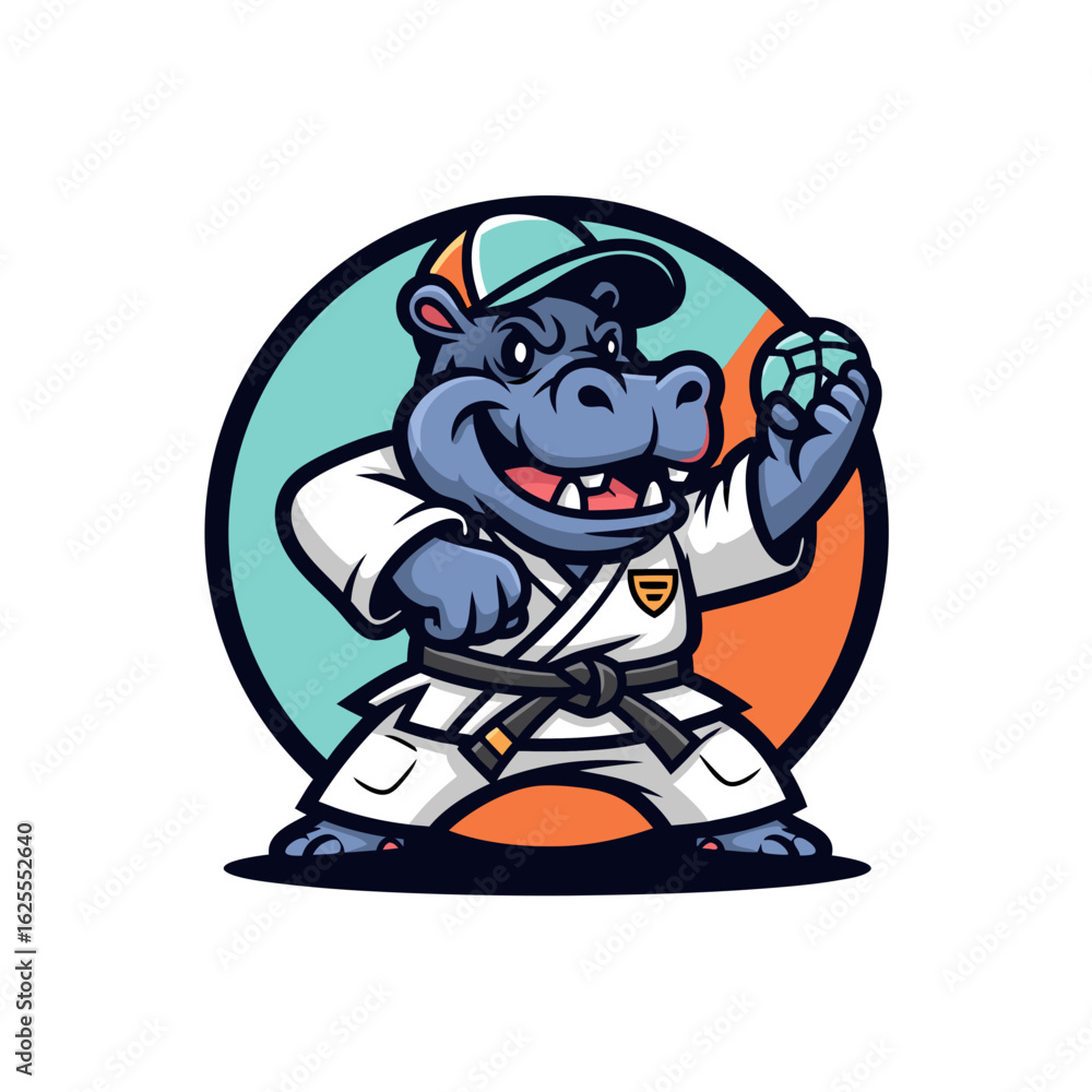 Fototapeta premium Smiling Cartoon Mammal In Martial Arts Outfit, Holding A Rock, Vector Graphic Illustration