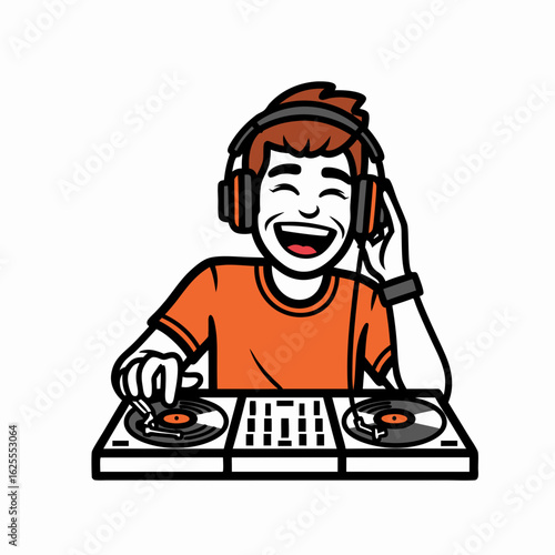 Smiling Person Mixing Music With Audio Equipment In Orange Shirt