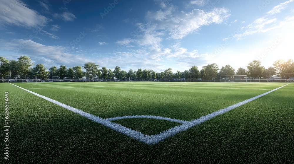Obraz premium Empty soccer field under a clear sky.