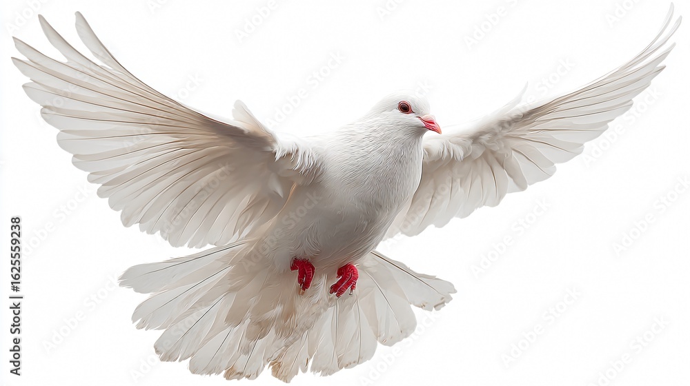Obraz premium Ethereal White Dove Flying in Isolation - Peaceful and Graceful Bird in Flight