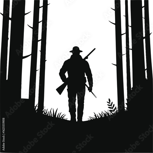 Hunter walking through forest silhouette isolated on white background