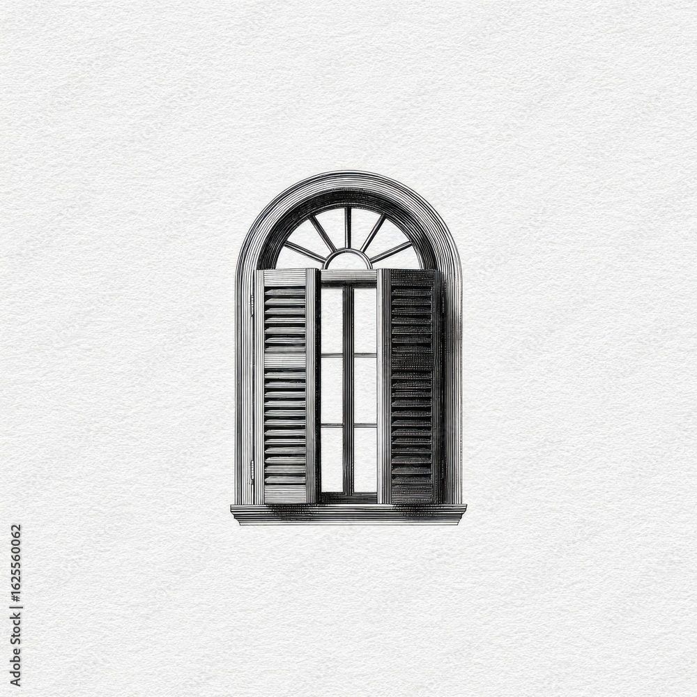 Obraz premium Detailed illustration of an arched window with open shutters.