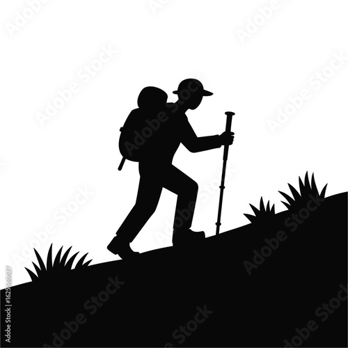 Silhouette of a hiker with a backpack and trekking pole climbing a hill isolated on white background silhouette