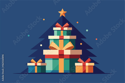 stack of wrapped christmas gifts with bright ribb.eps