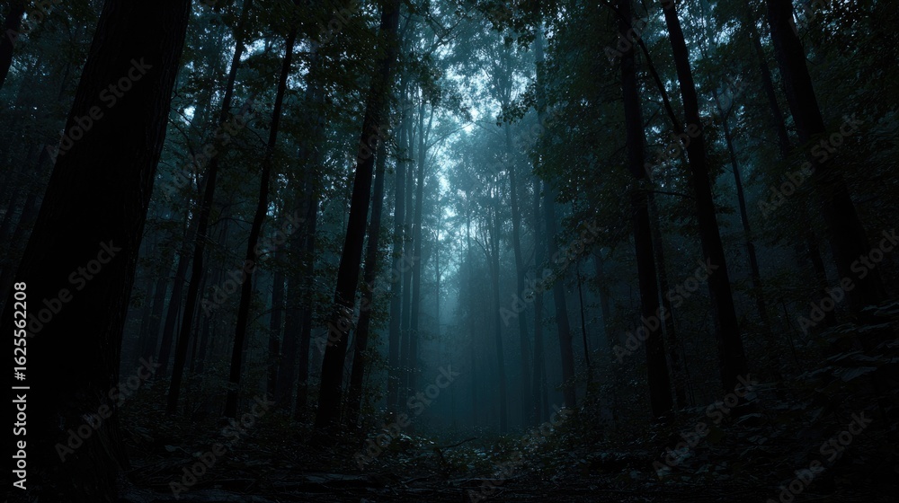 Fototapeta premium Misty forest path in deep shadows.