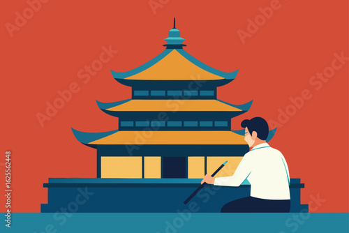 student sketching from real chinese temple  .eps