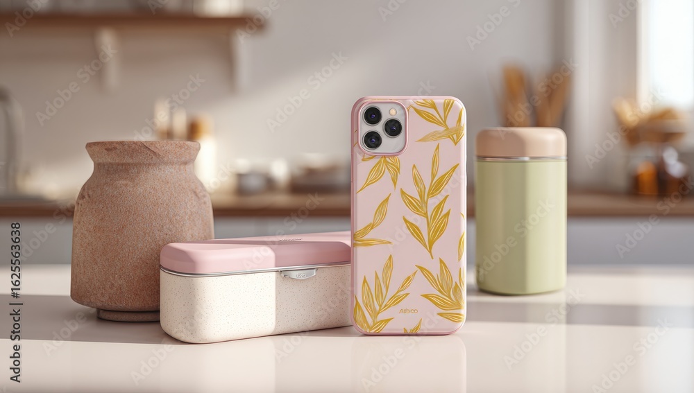 Naklejka premium Pink phone case with gold leaf pattern, displayed on a kitchen counter with muted-toned containers